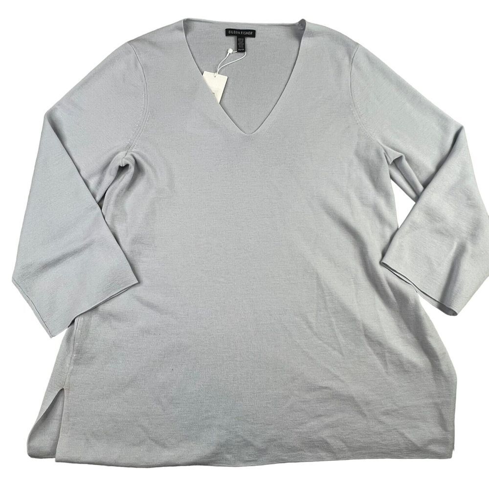 Eileen Fisher Womens‎ Merino Wool Top Size XS Knit 3/4 Sleeve Gray Geyser V Neck